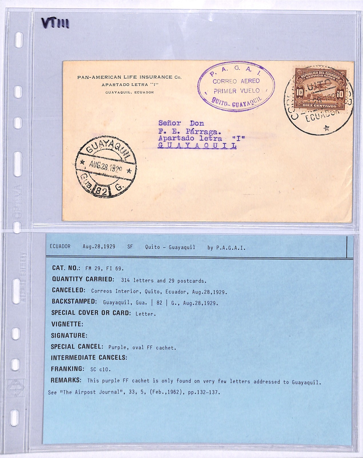 ECUADOR Air Cover 1929 *PAGAT* FIRST FLIGHT Quito Guayaquil {Muller #29}VT111 - Image 5