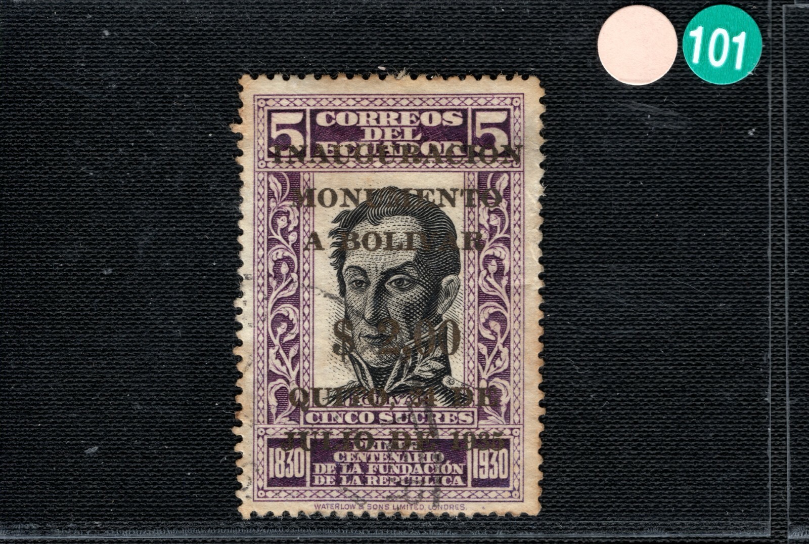 ECUADOR Stamp ERROR BLACK $2.00 Surcharge *Bolivar Monument* 1935 Used OGREEN101 - Image 3
