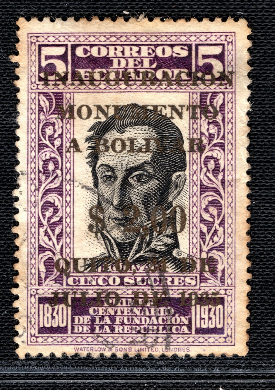 ECUADOR Stamp ERROR BLACK $2.00 Surcharge *Bolivar Monument* 1935 Used OGREEN101 - Image 5