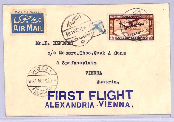 EGYPT Air Mail 1930 Cover FIRST FLIGHT AUSTRIA Vienna Alexandria {Joffe}WT36 - Image 3