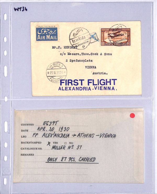 EGYPT Air Mail 1930 Cover FIRST FLIGHT AUSTRIA Vienna Alexandria {Joffe}WT36 - Image 5