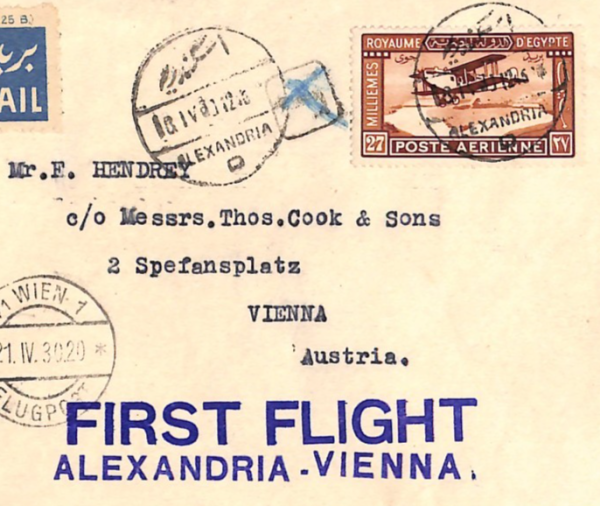 EGYPT Air Mail 1930 Cover FIRST FLIGHT AUSTRIA Vienna Alexandria {Joffe}WT36