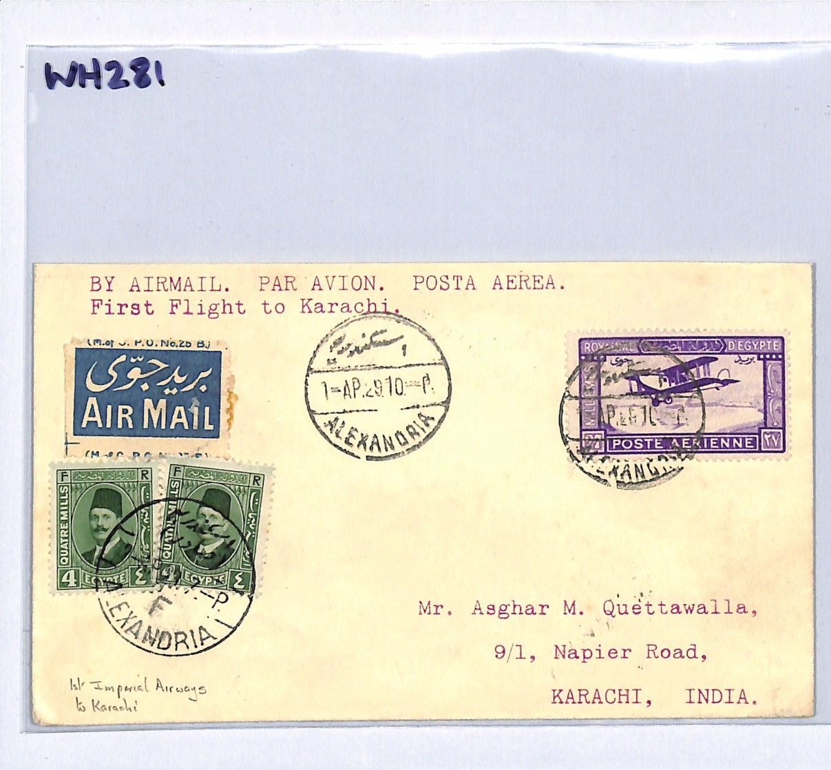 EGYPT Air Mail Cover 1929 IMPERIAL FIRST FLIGHT Karachi INDIA (Pakistan) WH281 - Image 9