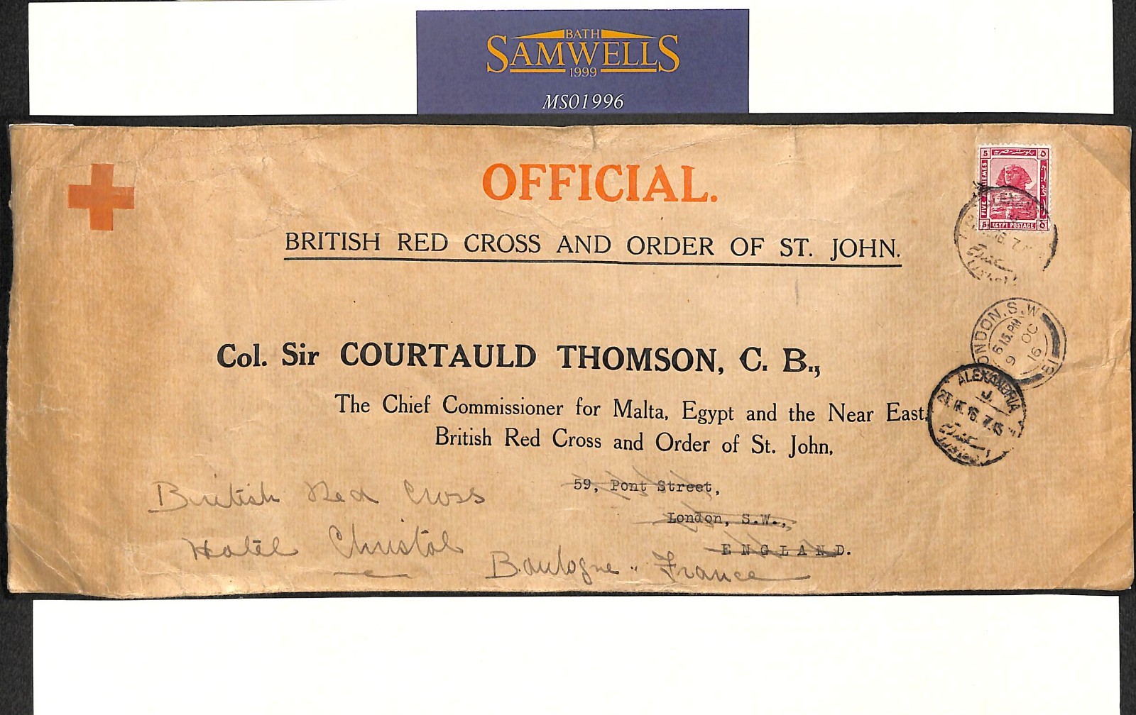 EGYPT WW1 Official RED CROSS Cover *Courtauld Thomson* 1916 France MS1996 - Image 6