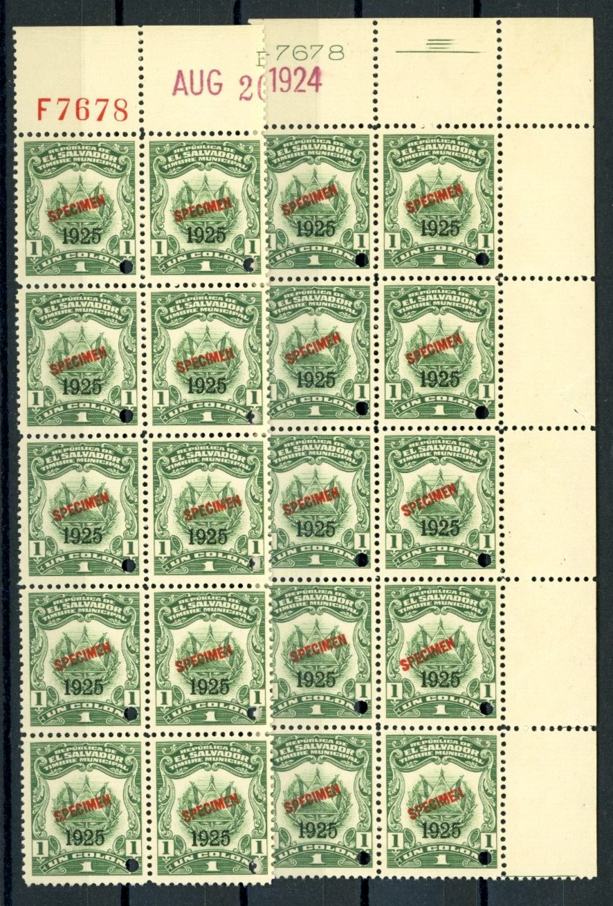 EL SALVADOR Revenue 1C ABNCo *F7678* 1924 SPECIMEN 1925 Corner 2 Blocks{10} ZU40 - Image 3