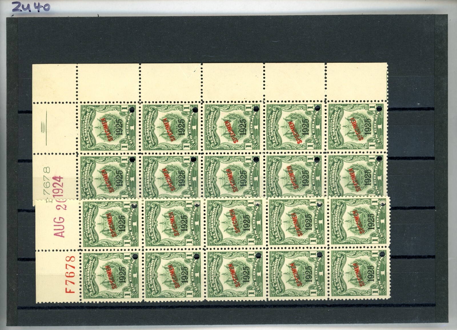 EL SALVADOR Revenue 1C ABNCo *F7678* 1924 SPECIMEN 1925 Corner 2 Blocks{10} ZU40 - Image 4