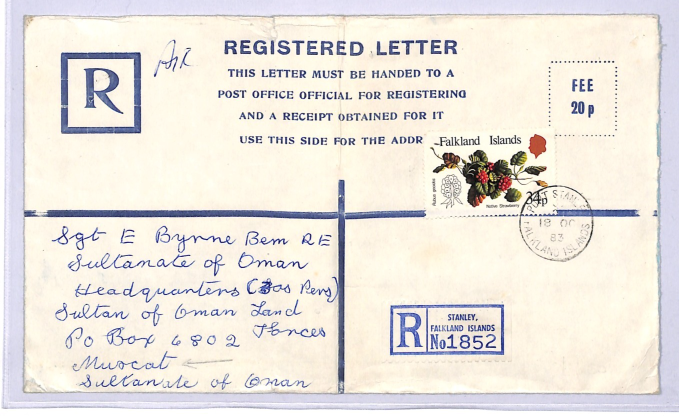 FALKLAND ISLANDS Cover 34p Registered 20p Stationery 1983 Muscat MILITARY WB312 - Image 3