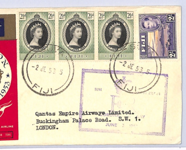 FIJI 1953 ILLUSTRATED FDC QEII *Coronation* KGVI 2s QANTAS SPECIAL FLIGHT XH322 - Image 3