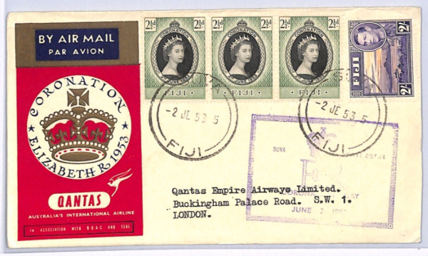 FIJI 1953 ILLUSTRATED FDC QEII *Coronation* KGVI 2s QANTAS SPECIAL FLIGHT XH322