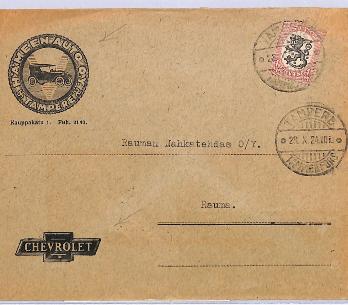 FINLAND Cover *CHEVROLET *(USA) CARS ADVERT Tampere Rauma {samwells-covers}WF124