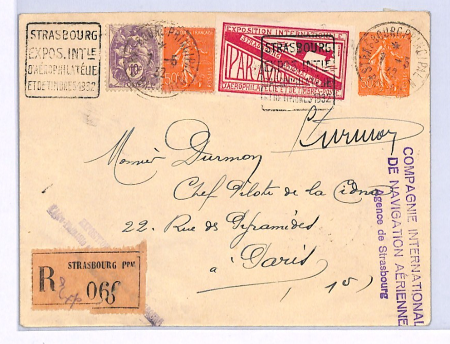FRANCE 1932 Cover *STRASBOURG EXHIBITION* AIR MAIL LABEL Registered Paris XF233 - Image 3