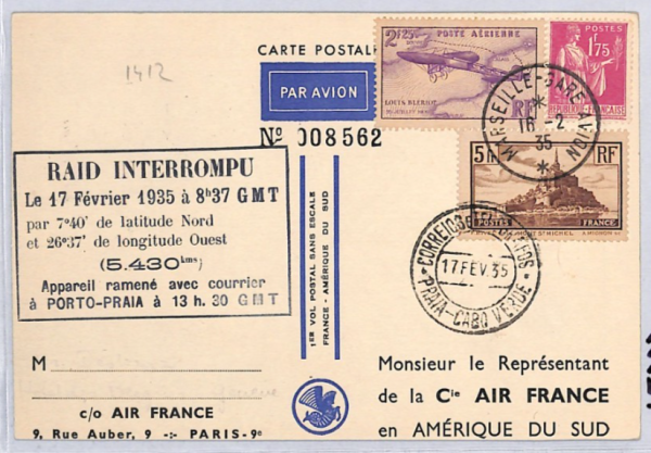 FRANCE 1935 Card AIR FRANCE Art  *RAID INTERROMPU* Cachet CAPE VERDE Crash YZ333 - Image 3