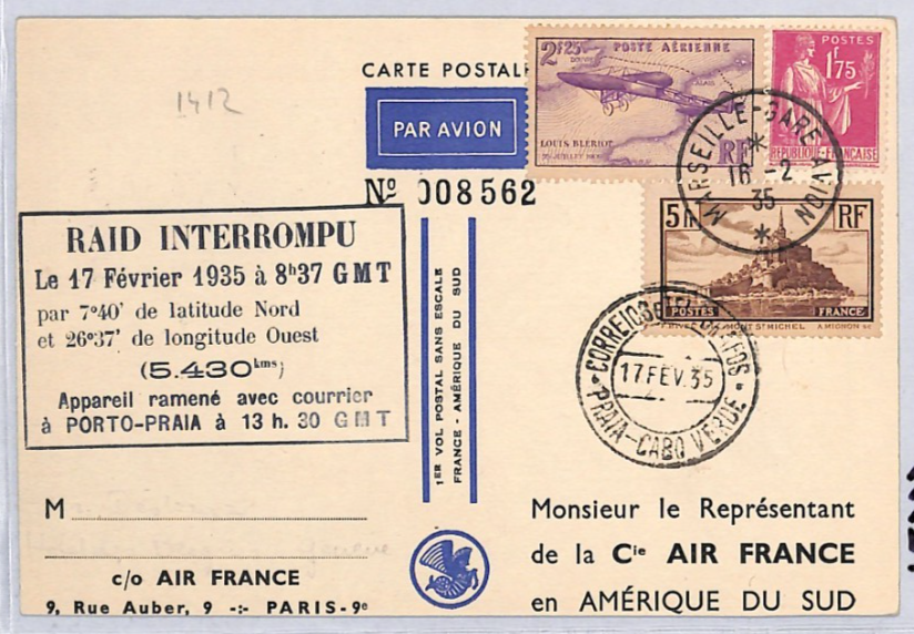 FRANCE 1935 Card AIR FRANCE Art  *RAID INTERROMPU* Cachet CAPE VERDE Crash YZ333 - Image 3