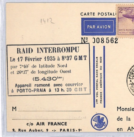 FRANCE 1935 Card AIR FRANCE Art  *RAID INTERROMPU* Cachet CAPE VERDE Crash YZ333 - Image 9