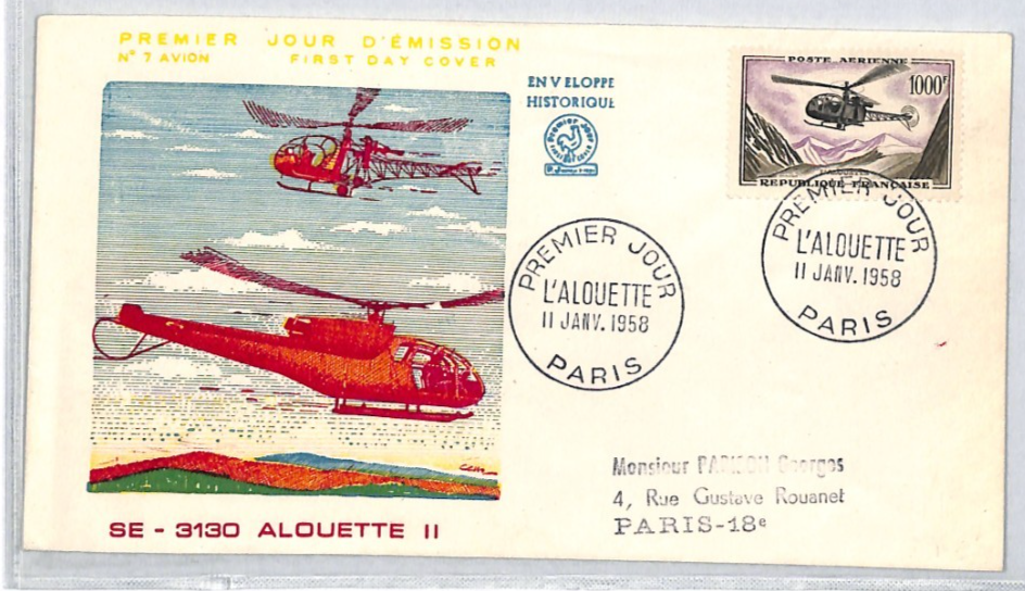 FRANCE 1958 FDC Helicopter 1,000f *Alouette* ILLUSTRATED First Day Cover YZ260 - Image 3