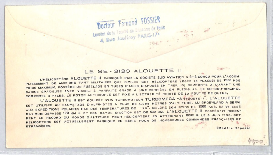 FRANCE 1958 FDC Helicopter 1,000f *Alouette* ILLUSTRATED First Day Cover YZ260 - Image 4