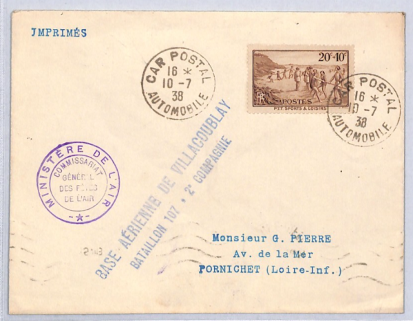 FRANCE AIR MINISTER Cover *CAR POSTAL* 1938 CDS Villacoublay Military Base YZ316 - Image 4