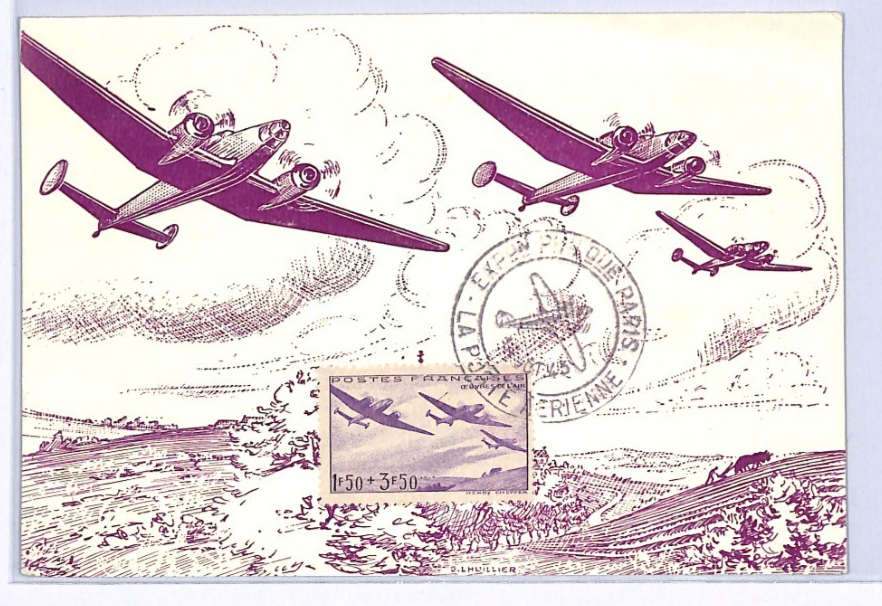 FRANCE AVIATION ART 1943 *Maxi-Card* 1f50c+3f50c Air Mail Stamp EXPO CDS XF365 - Image 3