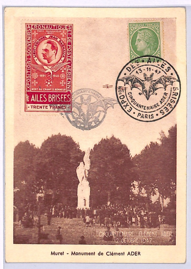 FRANCE AVIATION Memorial 30f LABEL Maxi-Card 1947 *BATS* Fancy Cancel WZ431 - Image 3