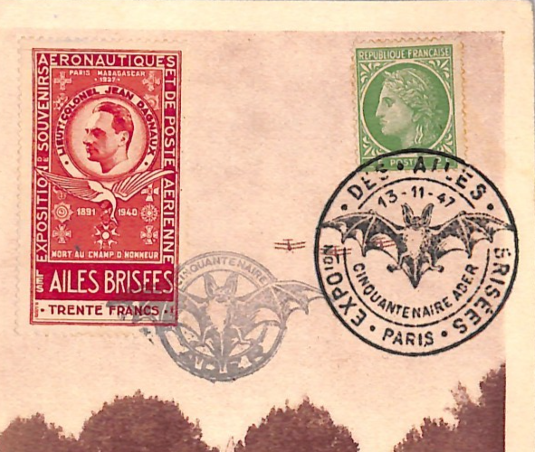 FRANCE AVIATION Memorial 30f LABEL Maxi-Card 1947 *BATS* Fancy Cancel WZ431 - Image 5
