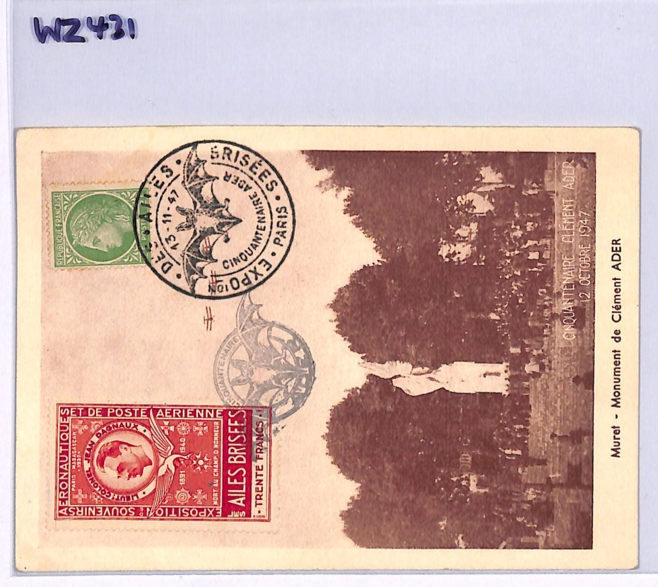 FRANCE AVIATION Memorial 30f LABEL Maxi-Card 1947 *BATS* Fancy Cancel WZ431 - Image 9