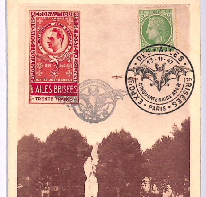 FRANCE AVIATION Memorial 30f LABEL Maxi-Card 1947 *BATS* Fancy Cancel WZ431