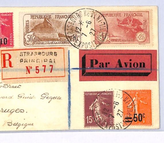 FRANCE Air Cover 1927 *Strasbourg Exposition* Reg 1f+25c ORPHANS Bruges XF227