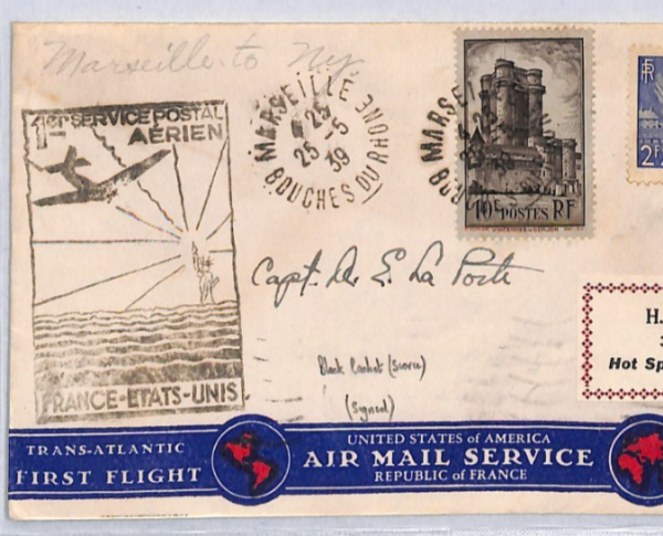 FRANCE Air Cover Pilot SIGNED *La Porte* 1939 TRANSATLANTIC Clipper FLIGHT YZ235