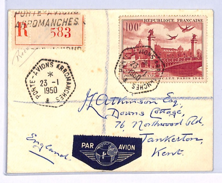 FRANCE Air Mail 100f *Birds* HIGH VALUE Cover Arromanches Reg'd 1950 Kent XF238 - Image 3