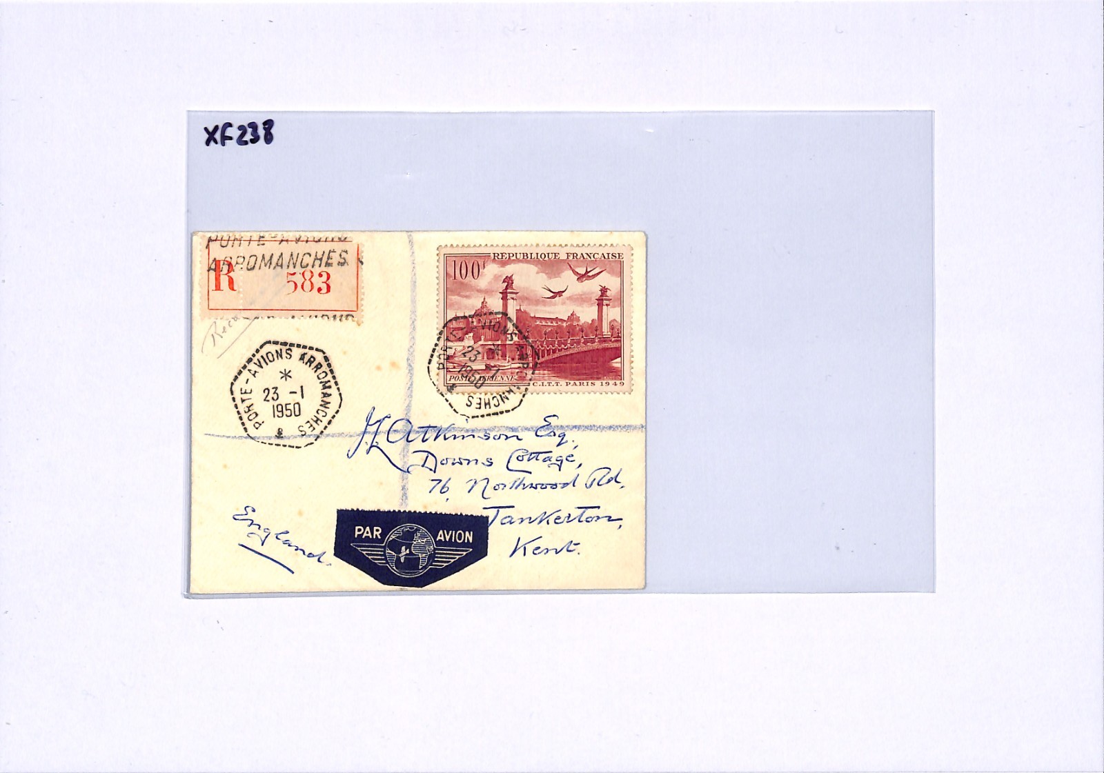 FRANCE Air Mail 100f *Birds* HIGH VALUE Cover Arromanches Reg'd 1950 Kent XF238 - Image 5