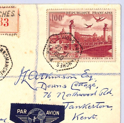 FRANCE Air Mail 100f *Birds* HIGH VALUE Cover Arromanches Reg'd 1950 Kent XF238