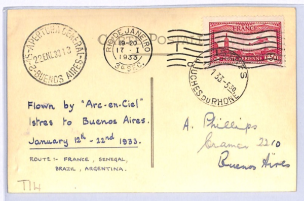 FRANCE Air Mail 1933 Card ARC-EN-CIEL FLOWN Istres-Argentina {Muller #307}XF280 - Image 3