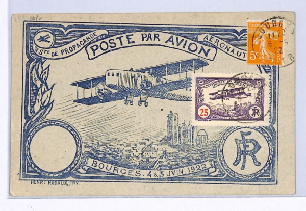 FRANCE Air Mail AEROPLANE ILLUSTRATED Card 1922 *Bourges* 25c Label Paris XF271 - Image 3