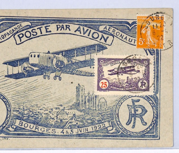 FRANCE Air Mail AEROPLANE ILLUSTRATED Card 1922 *Bourges* 25c Label Paris XF271
