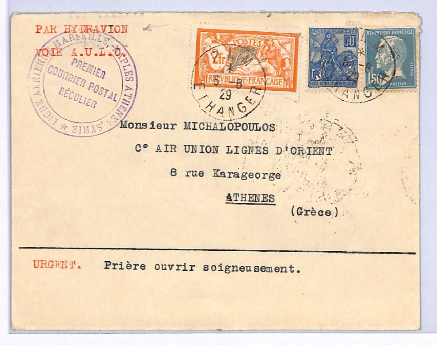 FRANCE Air Mail Cover 1929 SEAPLANE *HYDRAVION* FIRST FLIGHT GREECE Athens XF226 - Image 3