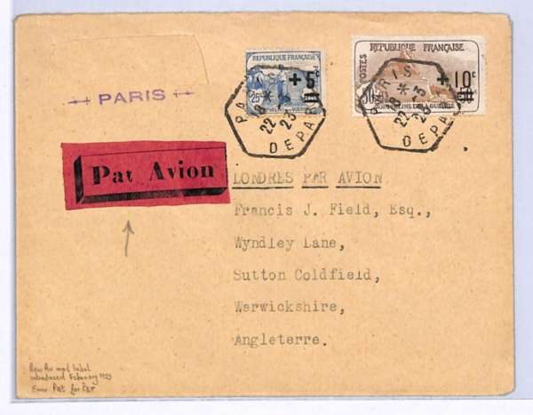 FRANCE Air Mail Cover LABEL *Pat Avion* ERROR ETIQUETTE Paris 1923 Sutton XF279 - Image 3