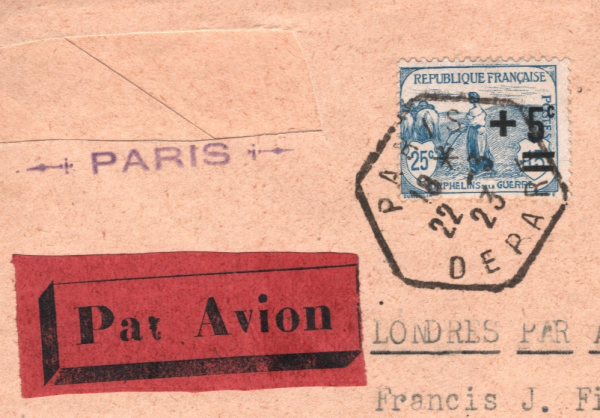 FRANCE Air Mail Cover LABEL *Pat Avion* ERROR ETIQUETTE Paris 1923 Sutton XF279