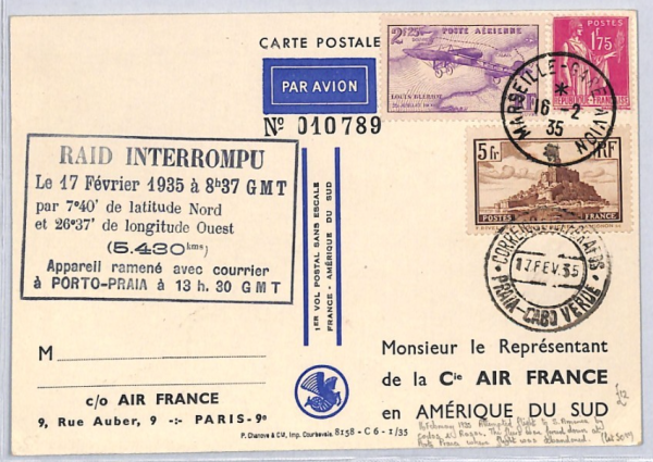 FRANCE Air *RAID INTERROMPU* 1935 Transatlantic ART First Flight Postcard YZ242