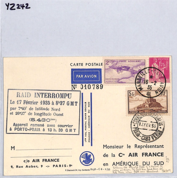 FRANCE Air *RAID INTERROMPU* 1935 Transatlantic ART First Flight Postcard YZ242 - Image 8