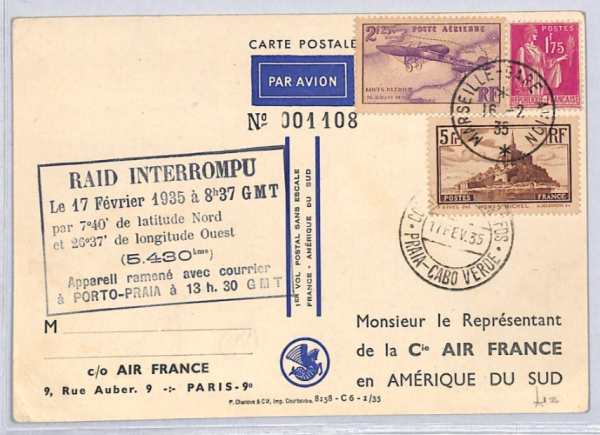 FRANCE Air *RAID INTERROMPU* 1935 Transatlantic ART First Flight Postcard YZ243 - Image 3