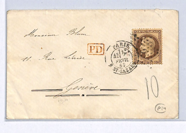 FRANCE CLASSIC 30c Napoleon Cover Paris 1869 Switzerland RAILWAY Geneva WZ22 - Image 5
