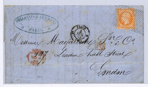 FRANCE CLASSIC 40c Cover Paris *ROLLER OF DOTS* Cancel 1863 London Part EL WZ23 - Image 4