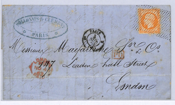 FRANCE CLASSIC 40c Cover Paris *ROLLER OF DOTS* Cancel 1863 London Part EL WZ23 - Image 9