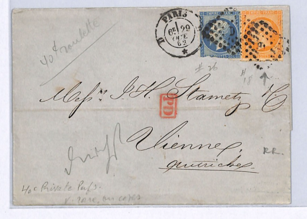FRANCE CLASSIC Cover 40c Napoleon *PRIVATE ROULETTE* Paris 1862 Vienna WZ19 - Image 4