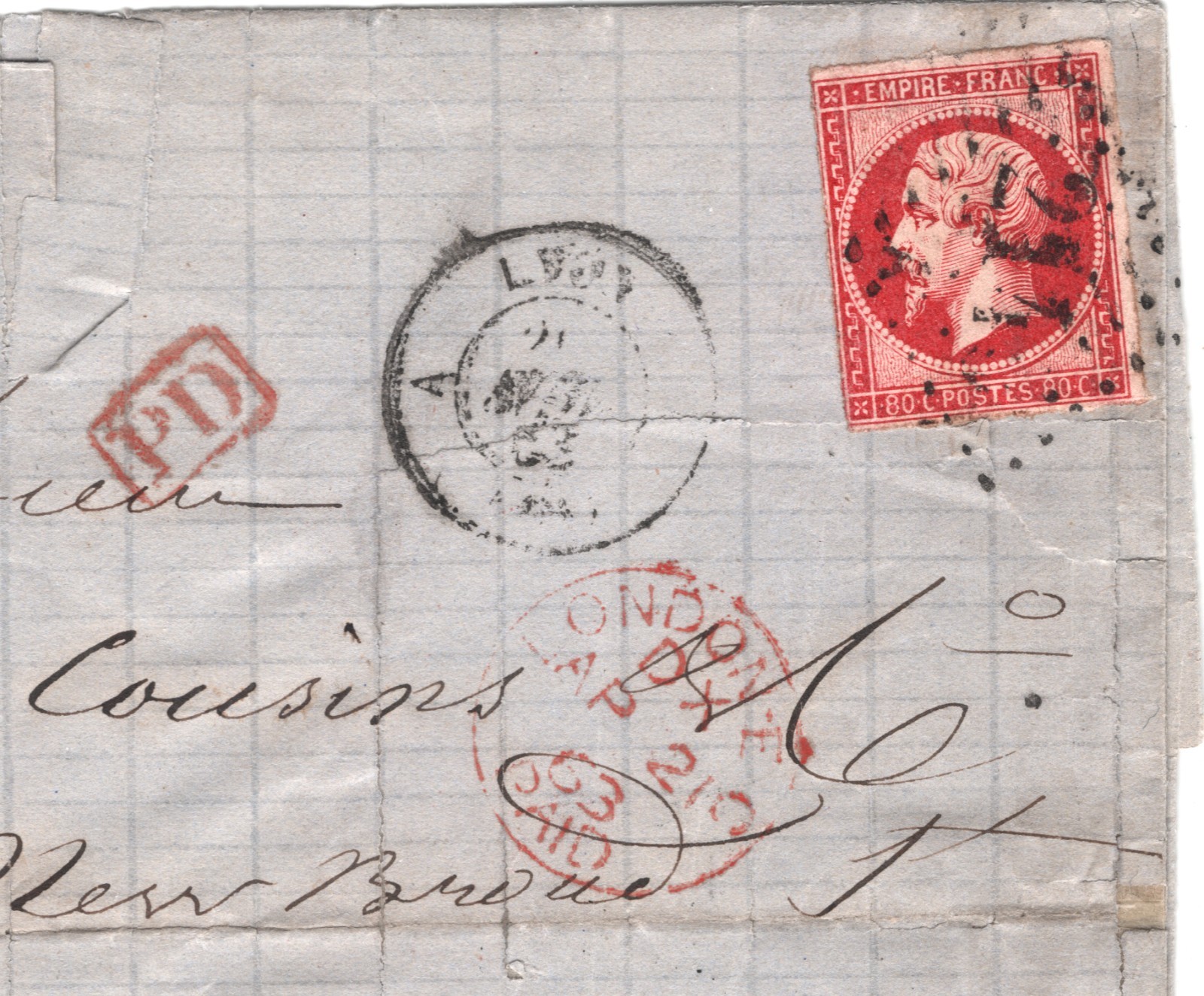 FRANCE Classic Cover 80c NAPOLEON *Percé en Ligne* VARIETY Lyon 1863 London WZ39 - Image 4