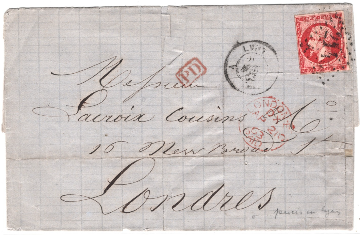 FRANCE Classic Cover 80c NAPOLEON *Percé en Ligne* VARIETY Lyon 1863 London WZ39 - Image 5