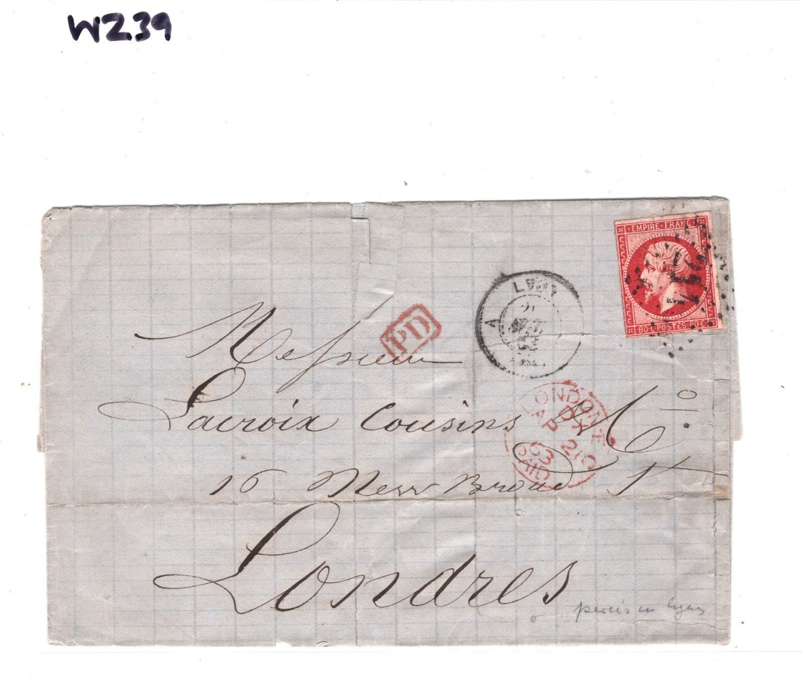 FRANCE Classic Cover 80c NAPOLEON *Percé en Ligne* VARIETY Lyon 1863 London WZ39 - Image 10
