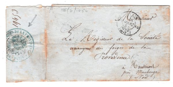 FRANCE Cover 1854 Paris *BLUE EYE CACHET*Société Anonyme MASONIC? Maubeuge XG102 - Image 3