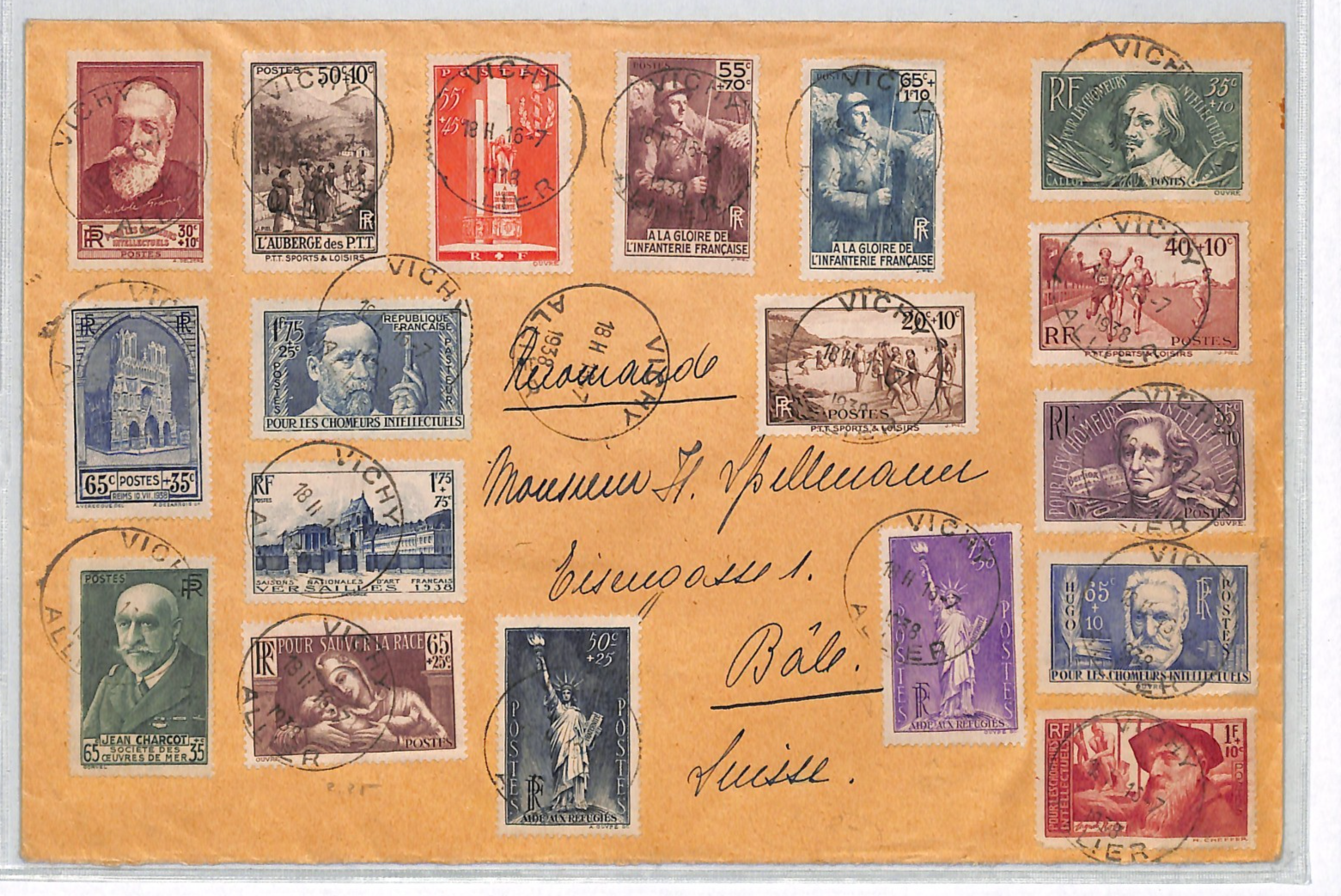 FRANCE Cover CHARITY SURCHARGES 30c+10c - 1.75F+75c{19} 1937 Vichy Basel VM107