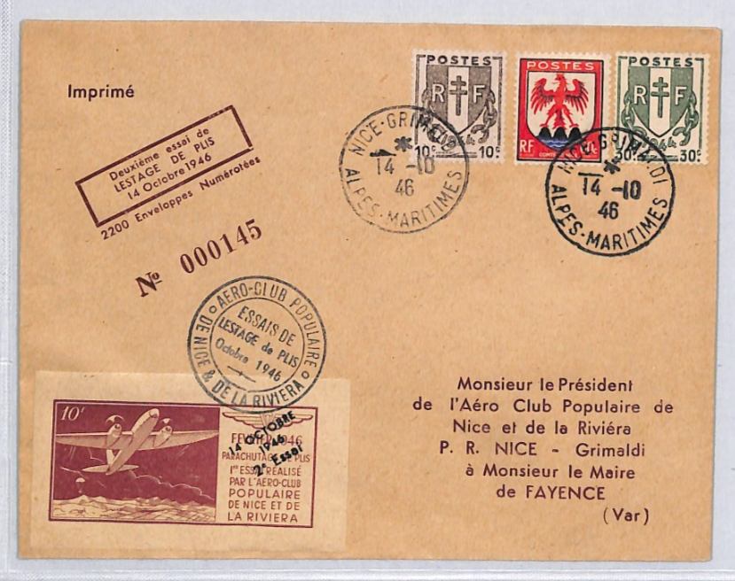 FRANCE Cover *PARACHUTE DROP* 1946 LABEL Test Flight Nice-Grimaldi Alps YZ266 - Image 3